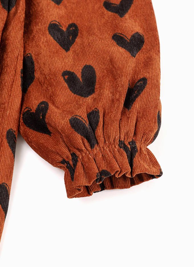 韓國 OZKIZ - (附圍領)排列愛心燈芯絨連身洋裝-棕紅