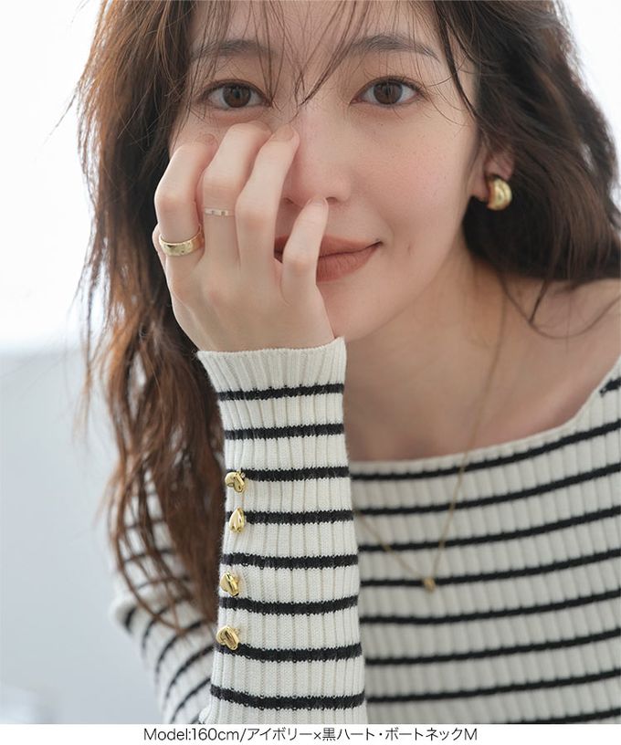 日本 Kobe Lettuce - [定番]優美羅紋針織合身上衣(可選領)-愛心銀扣-黑