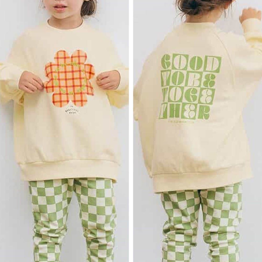 100%棉 落肩印花縮口長袖上衣-花朵-白