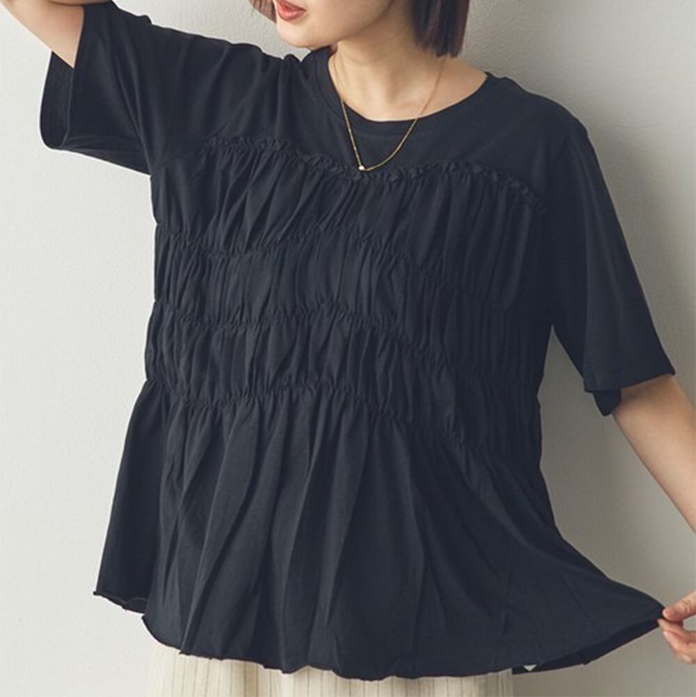 純棉多層皺摺設計短袖上衣-黑