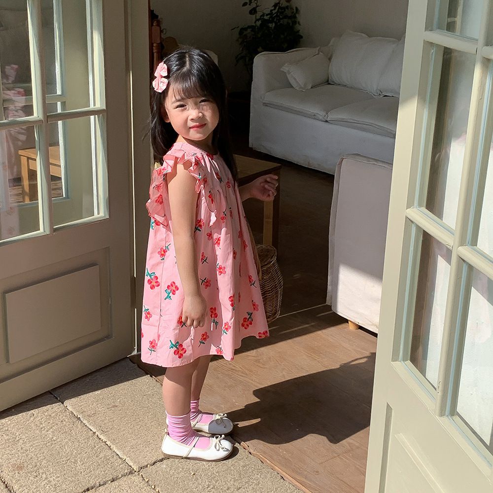 浪漫荷葉袖棉質連身洋裝-繽紛愛心-白色