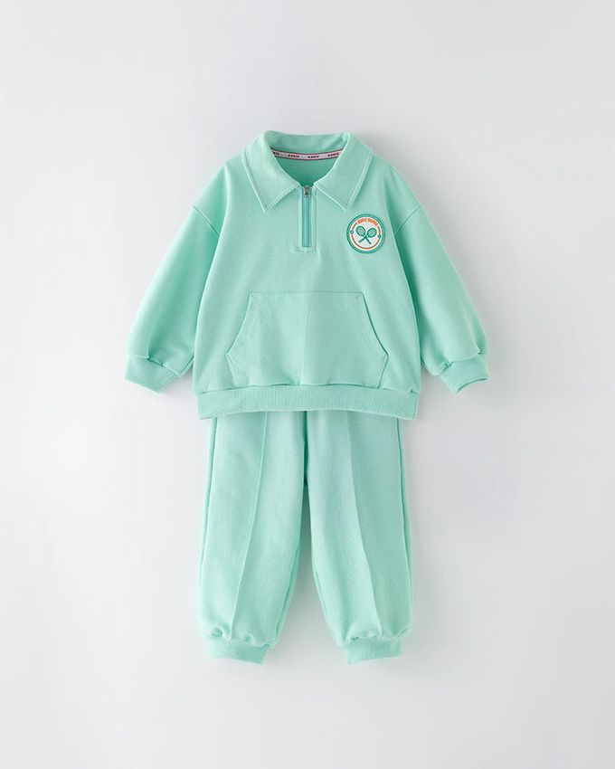 韓國 OZKIZ - 胸前徽章點綴休閒長袖套裝-粉