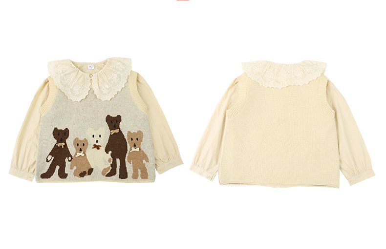 兩件式木耳大翻領長袖襯衫-襯衫+針織背心-米色