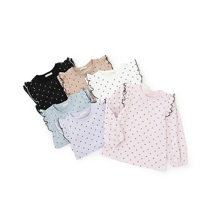 日本 Lycee mine - 100%棉 浪漫荷葉肩滿版印花長袖上衣-蝴蝶結-淺灰藍