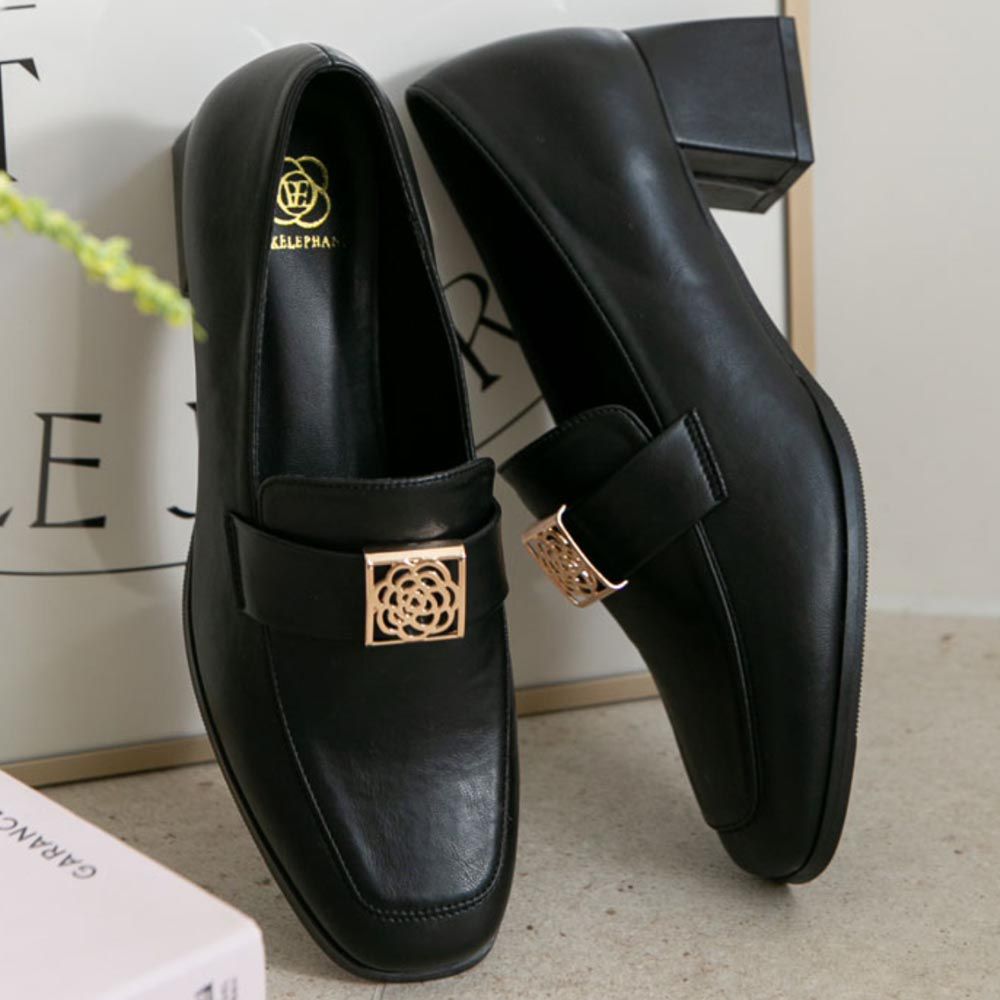 韓國 PINKELEPHANT - 品牌金屬飾穆勒粗跟鞋(5cm)-黑