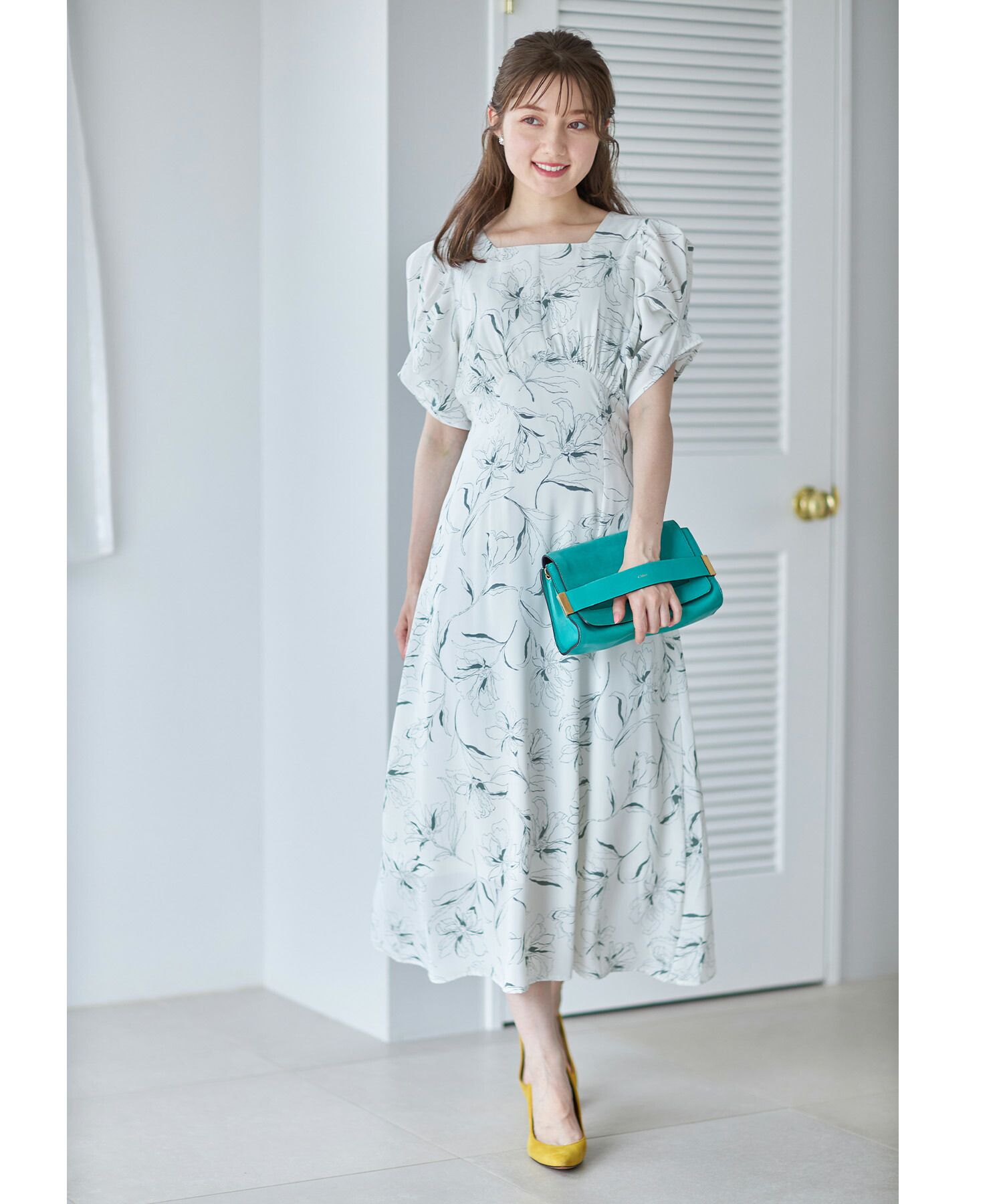 日本 tocco-closet - 典雅方領後綁帶泡泡袖洋裝-純潔百合-春芽綠