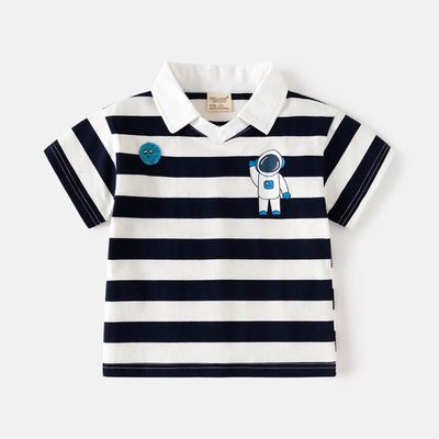 WELLKIDS - 休閒翻領短袖上衣-太空人-條紋