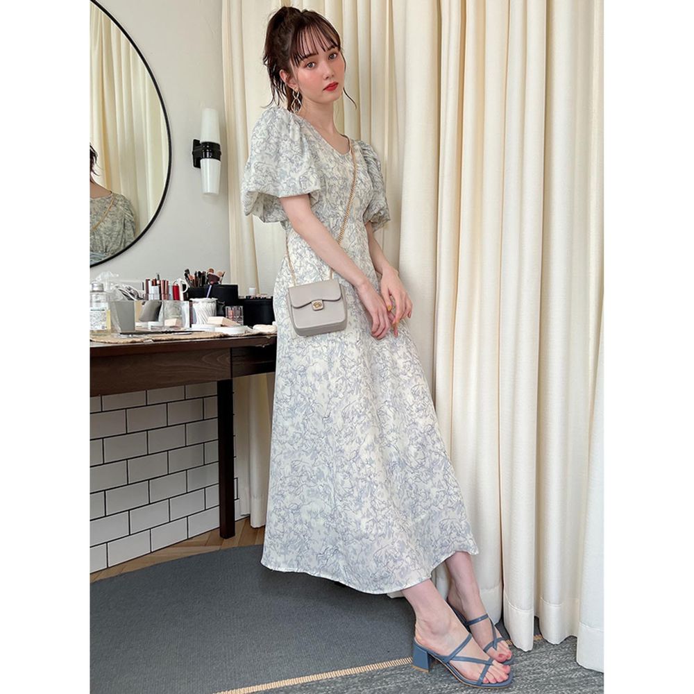 日本 GRL - 繁花盛開蕾絲V領泡泡短袖洋裝-寧靜藍