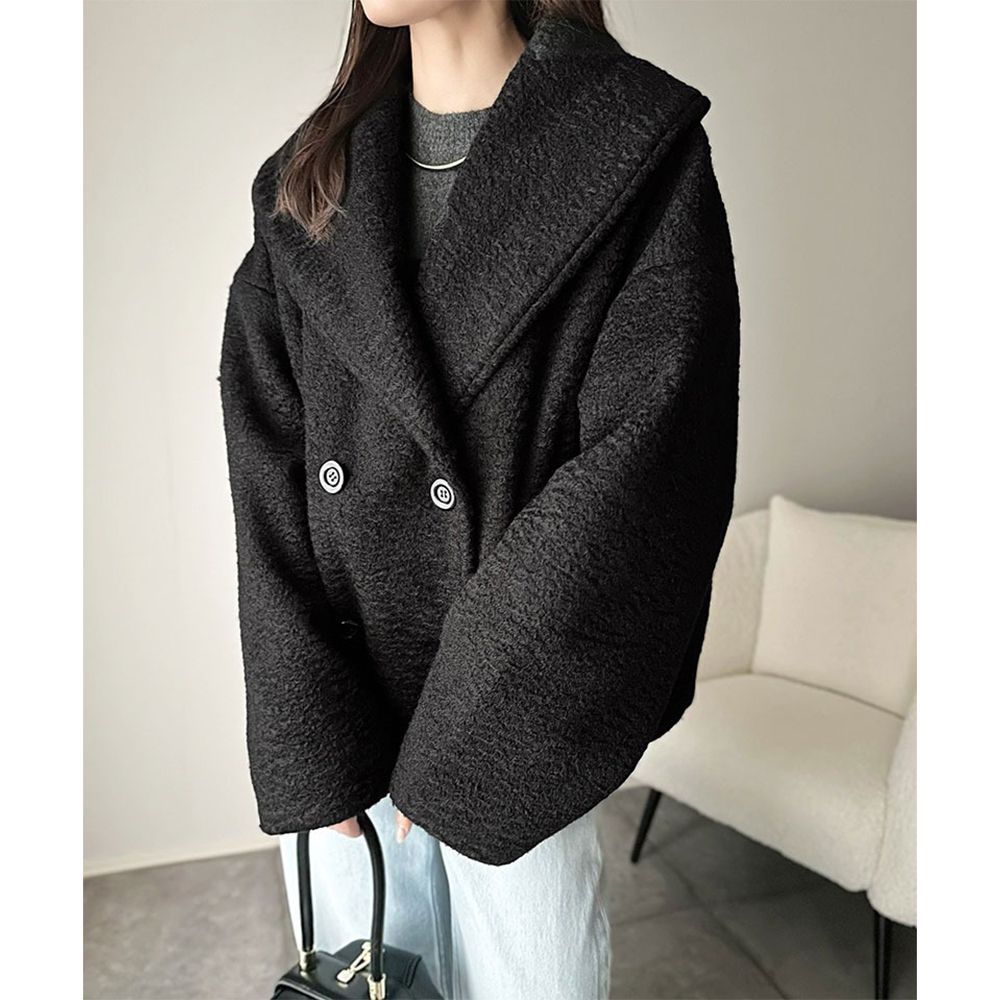 注目大翻領優雅毛呢感大衣外套-黑