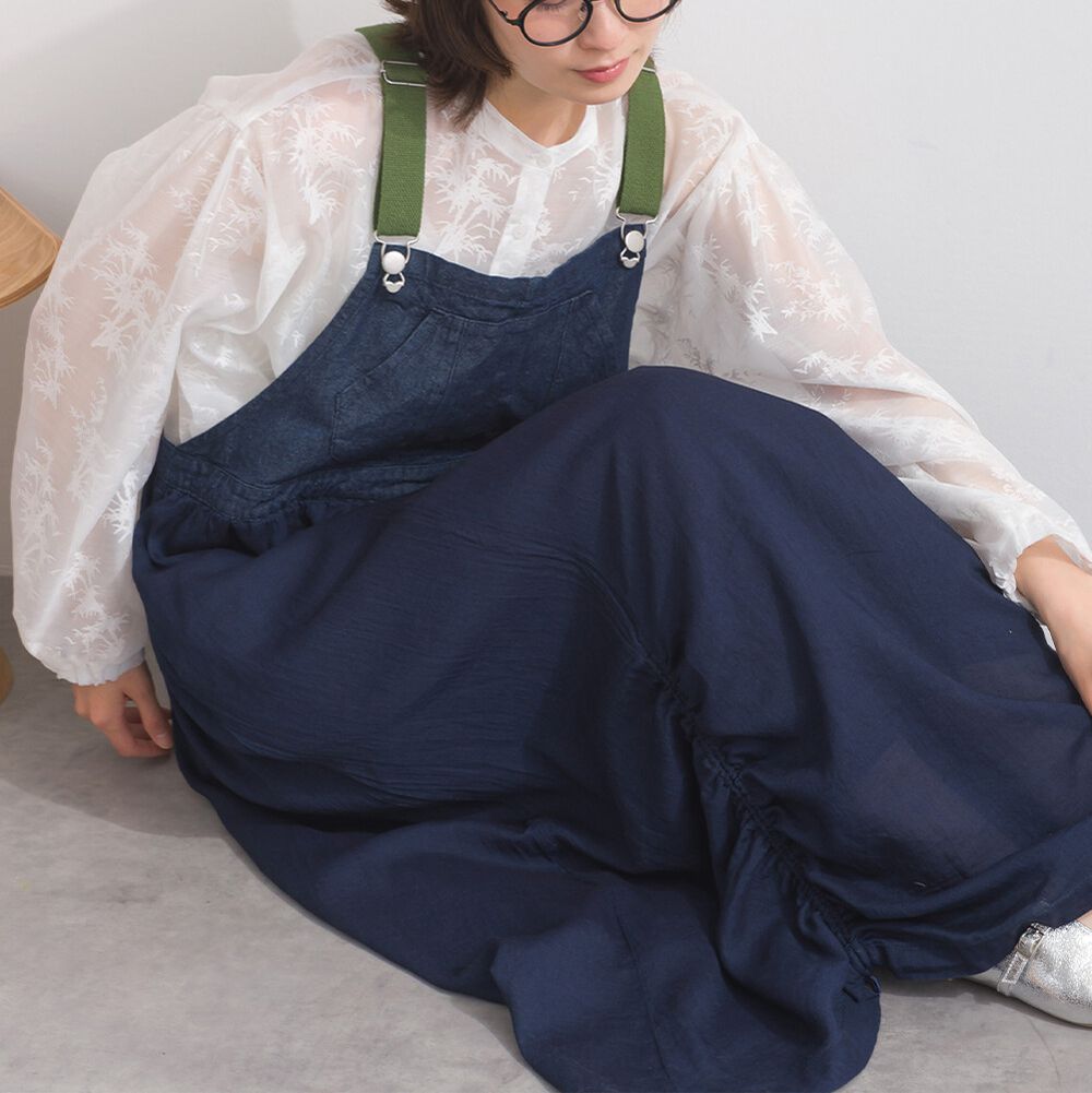 拼接風抽繩飄逸薄牛仔吊帶洋裝-靛藍