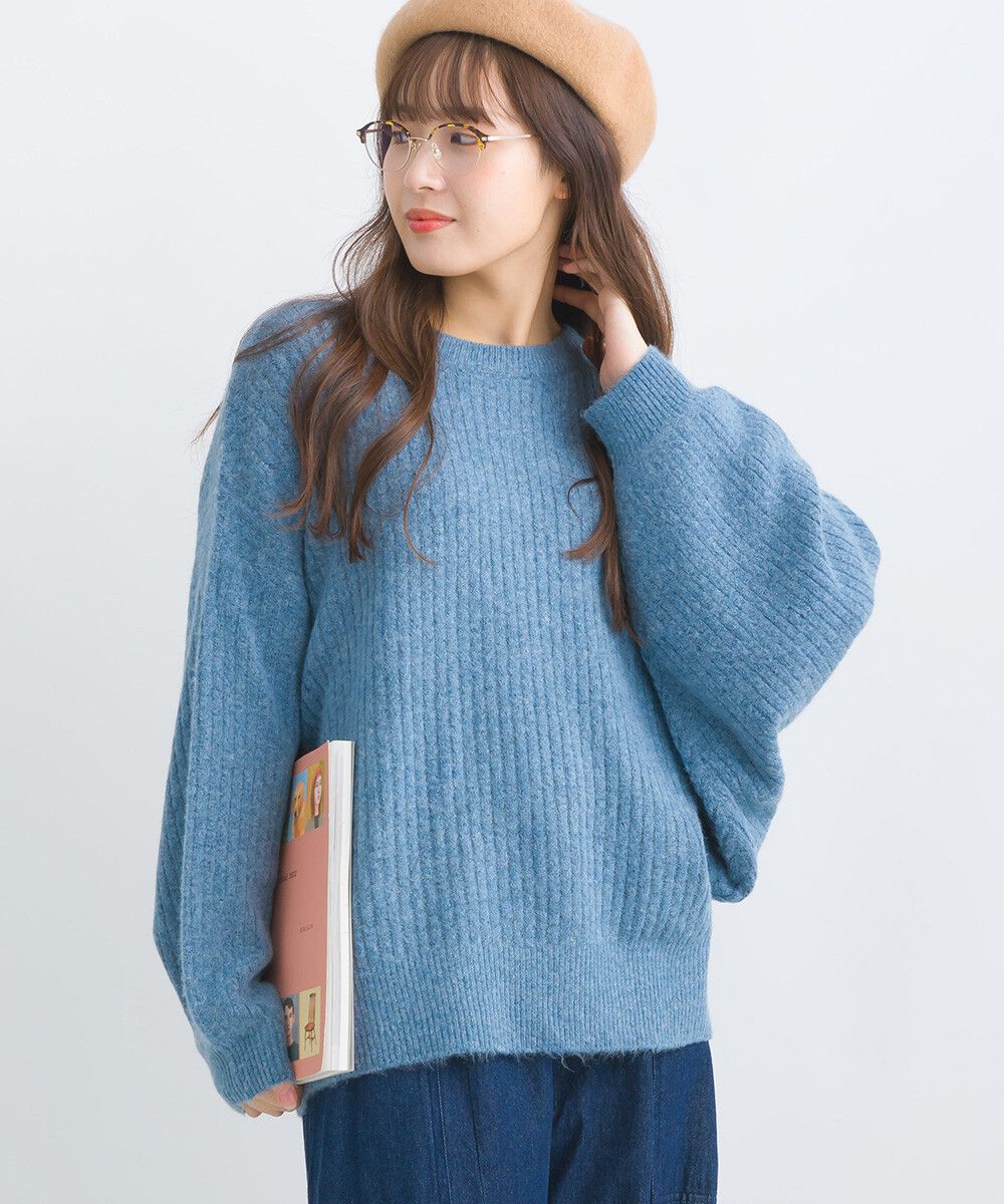 日本女裝代購 - 大寬袖圓領混色針織上衣-米黃