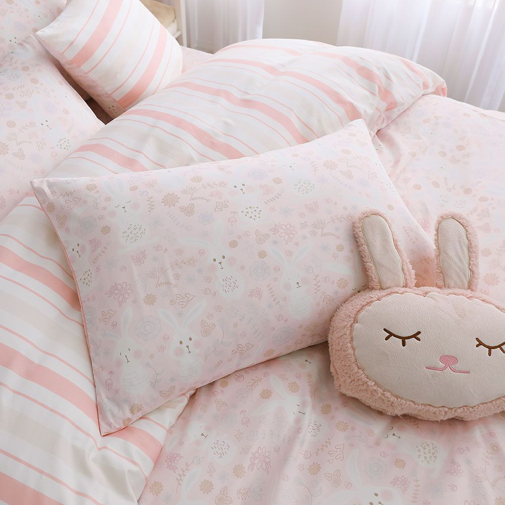鴻宇 HongYew - 單人床包枕套組 美國棉授權品牌 300織-眠眠兔-粉
