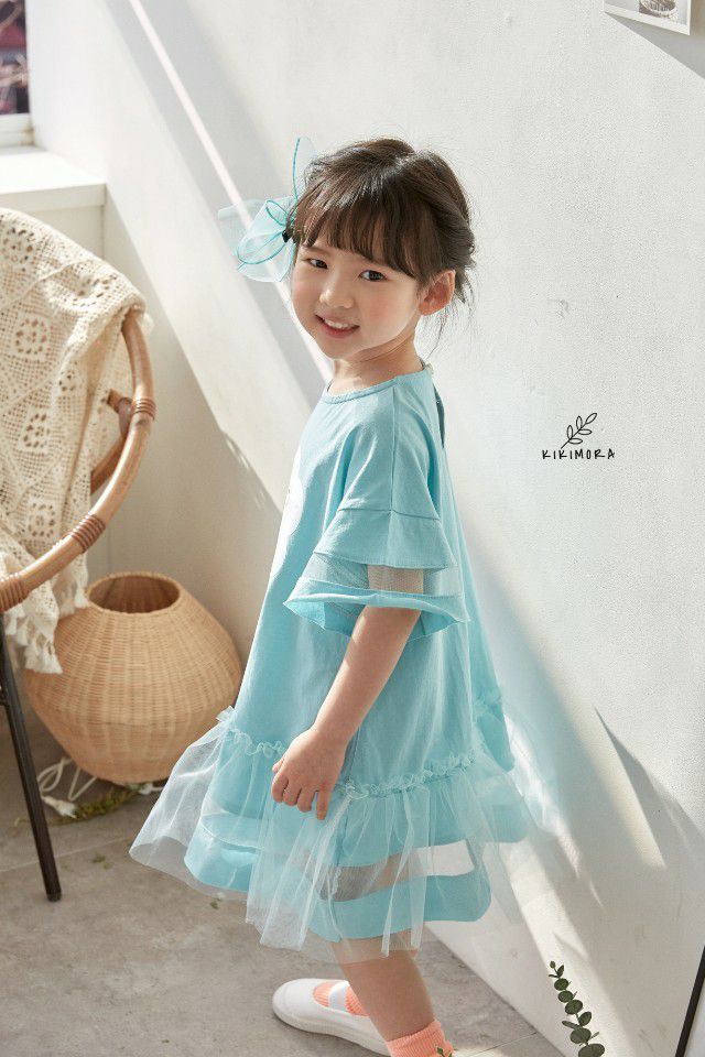 韓國 kikimora - 寬袖Elsa魚尾網紗洋裝-湖水綠