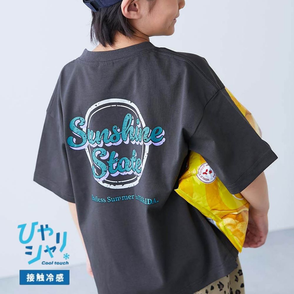 接觸涼感 落肩廓形短袖T恤-圈圈英文-灰黑