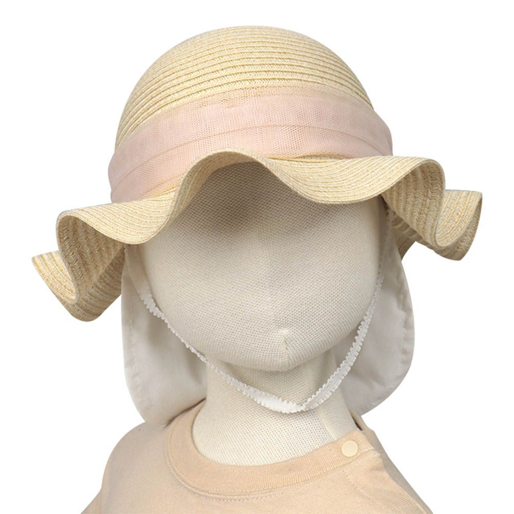 波浪邊帽-可洗可折疊 薄紗蝴蝶結-象牙白色