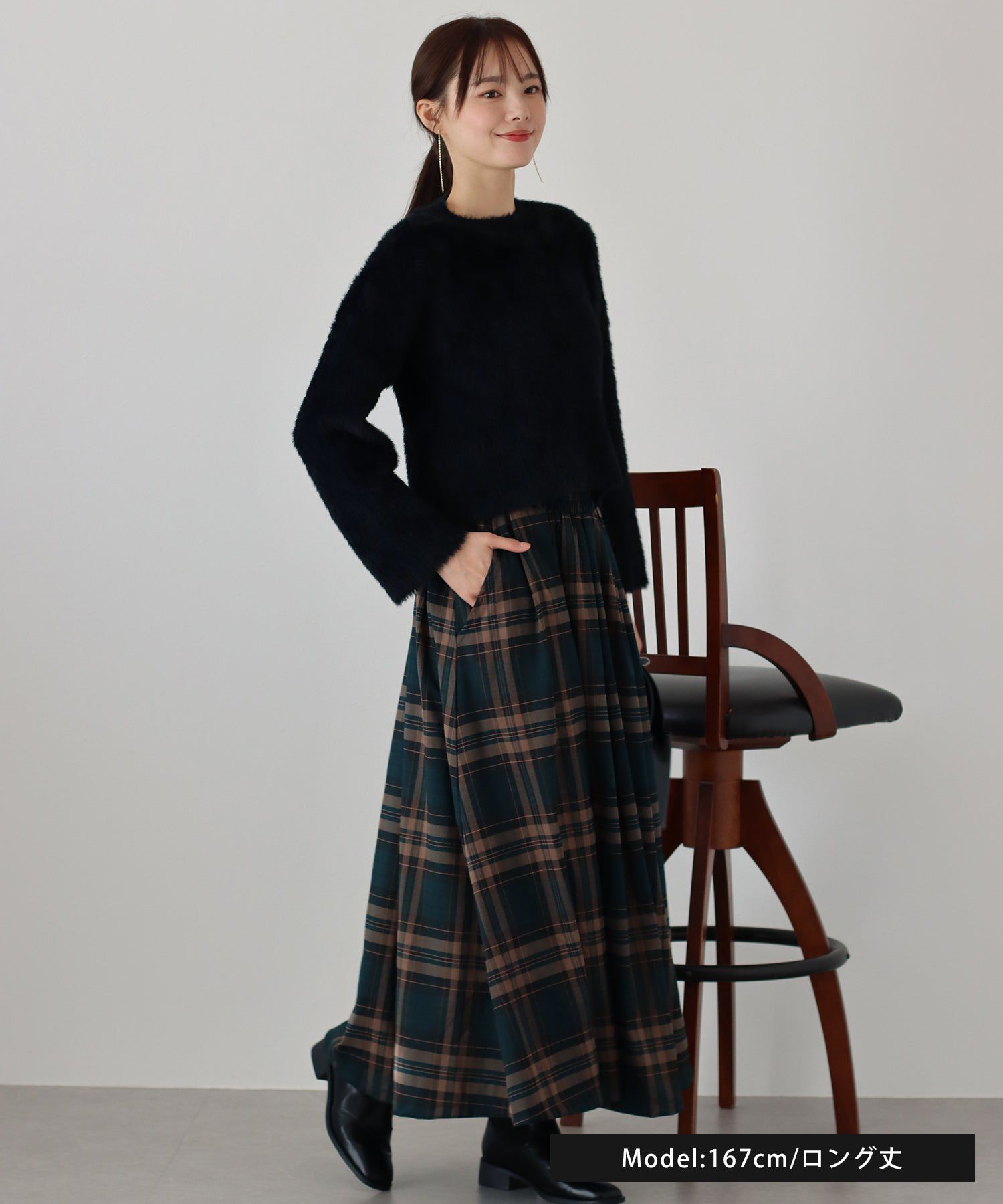 日本 BLUE EAST - [經典推薦]英倫格紋傘狀修身長裙-酒紅