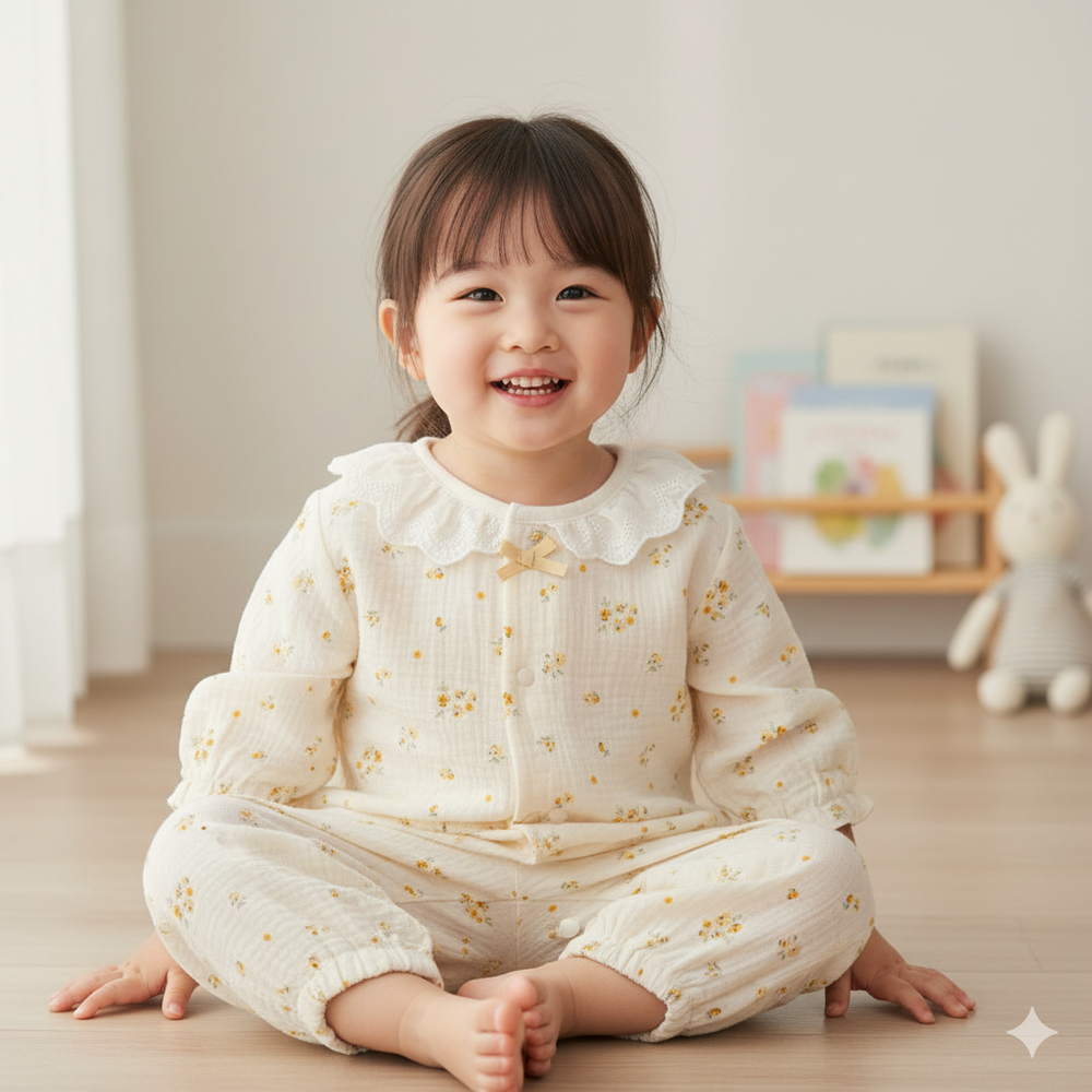 長袖兔裝 穆斯林棉紗-小花-象牙白色