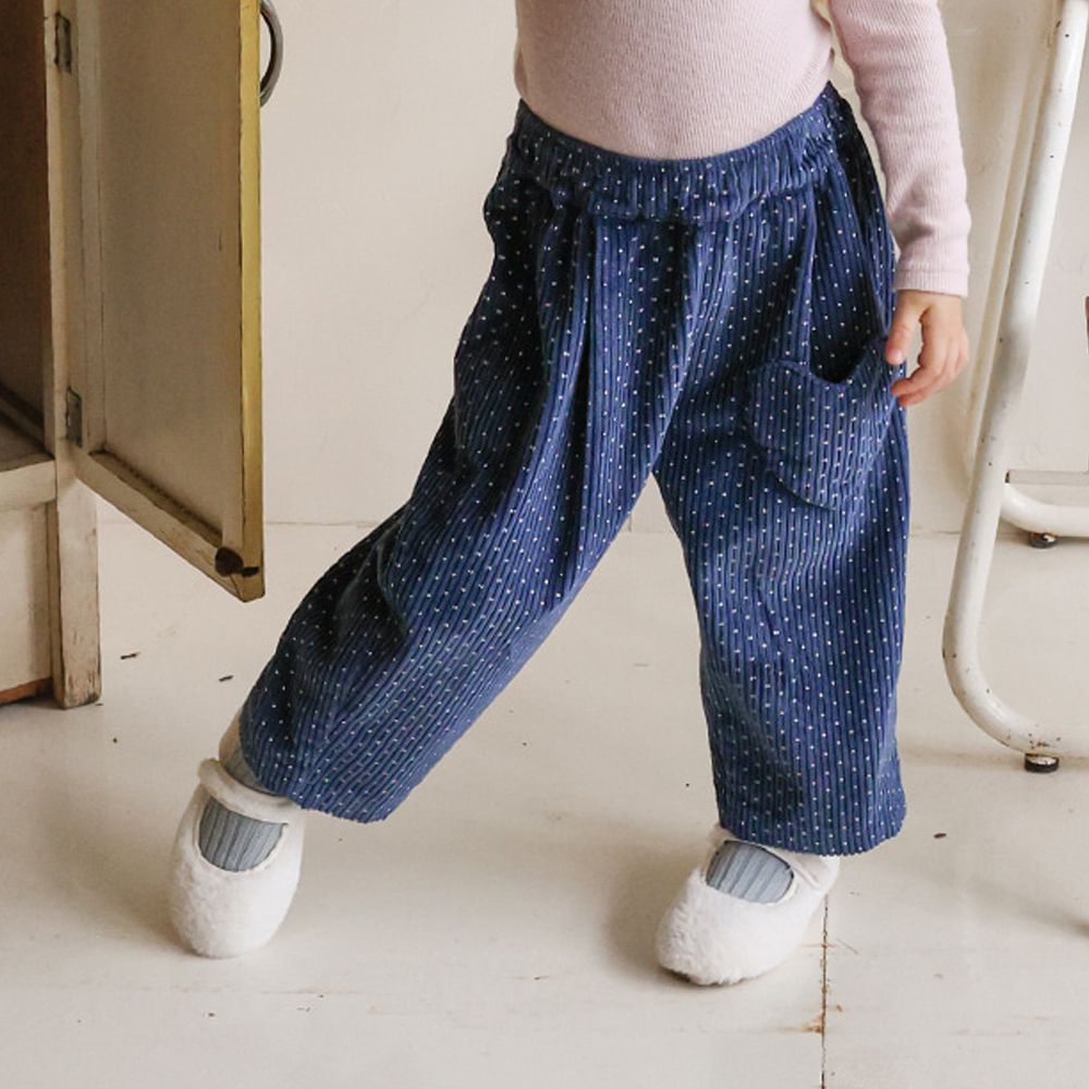 Puellaflo 鬆緊腰愛心口袋燈芯絨長褲-點點-深藍