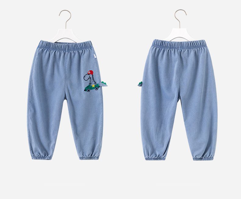 百搭牛仔束口長褲/防蚊褲-恐龍開車-牛仔藍