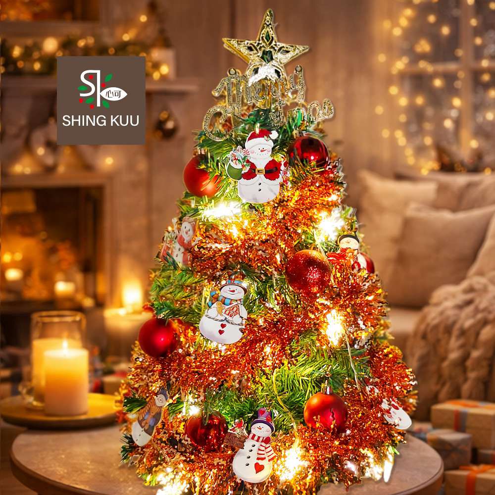 2尺60cm小美好套裝聖誕樹+7號幸運雪人紅系彩繪木片飾品組+LED暖白光20燈雪花燈串_台灣本島免運費