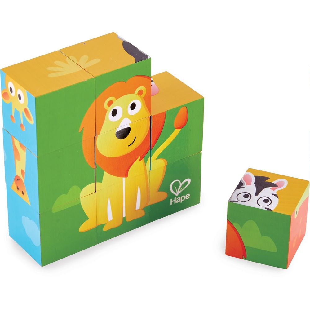 德國 Hape - 木製動物方塊拼圖玩具(9件組)-叢林動物