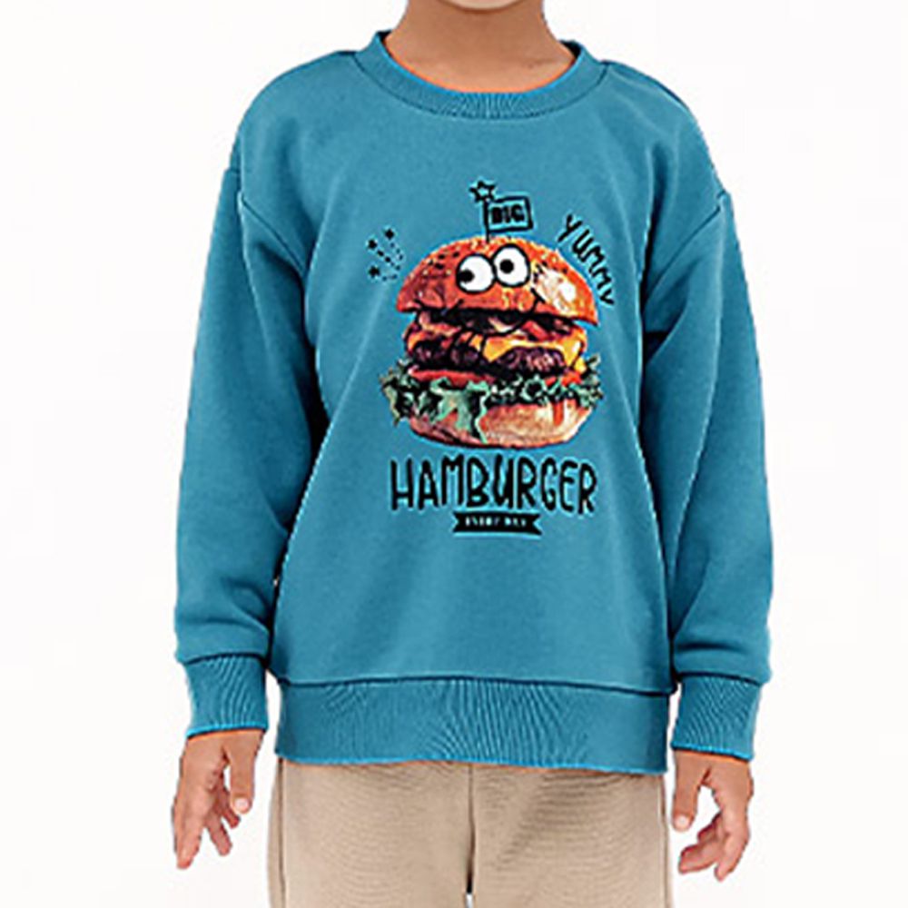 裏起毛俏皮印花長袖上衣-B漢堡-土耳其藍