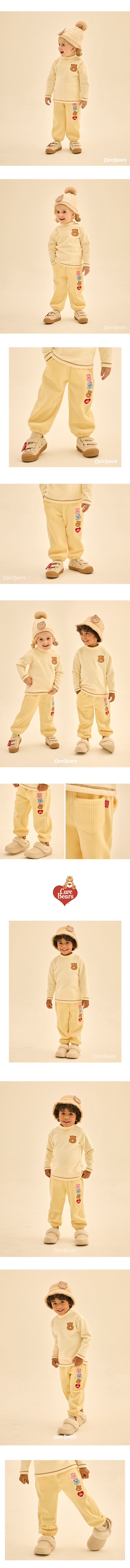 韓國 Care Bears - 鬆緊腰聯名款內刷毛縮口長褲-刺繡熊-奶油黃