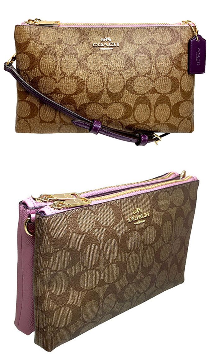 COACH - 滿版LOGO雙層拉鍊斜背包 (卡其紫)