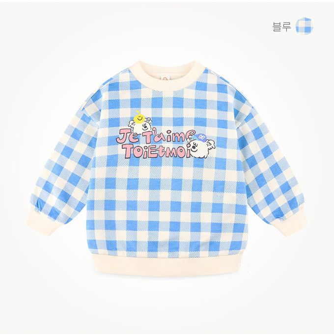 韓國 milk mile - 棋盤格紋白熊長袖短褲套裝-藍