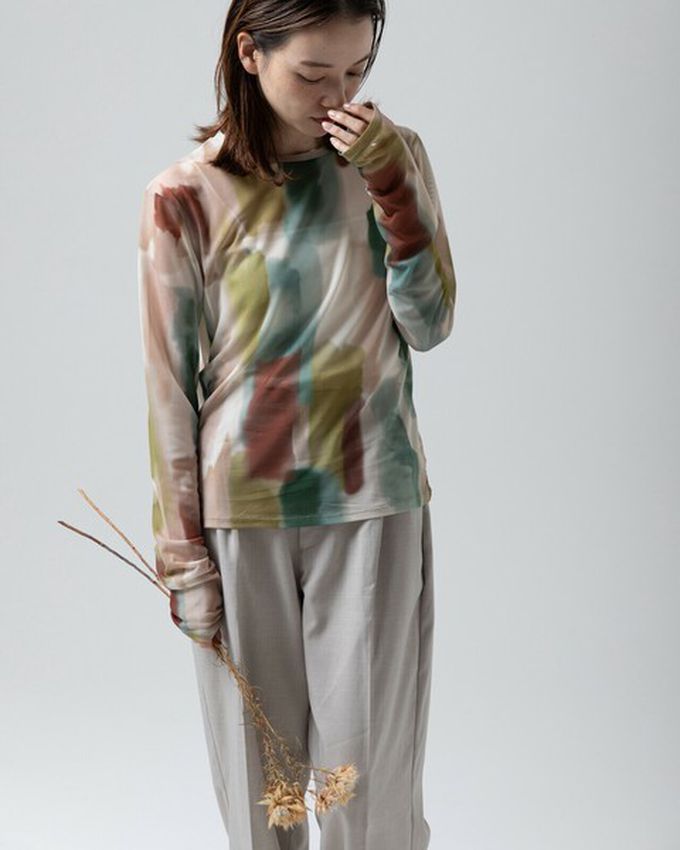 日本 gleam - 水彩畫風透膚休閒長袖上衣-水藍x綠系