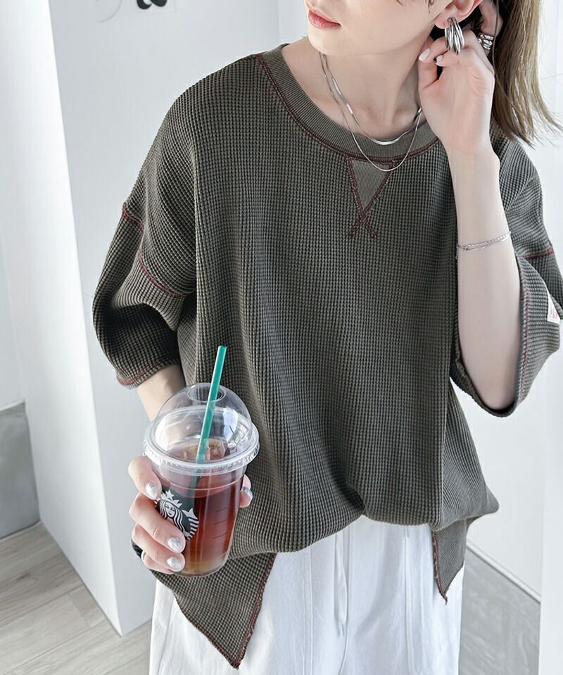 日本 Classical Elf - 2WAY華夫格落肩五分袖上衣-象牙杏