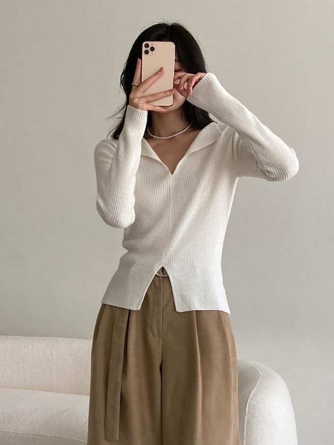 韓國女裝連線 - 浪漫開衩領羊毛針織上衣-燕麥杏 (FREE)