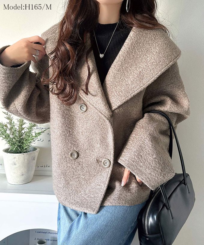 日本 Classical Elf - 注目大翻領優雅毛呢感大衣外套-淺摩卡