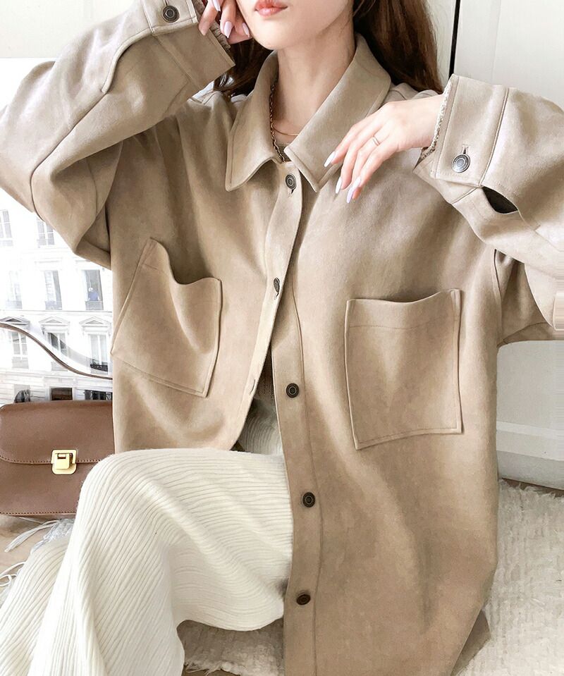 日本 Classical Elf - 時尚麂皮輕量大口袋長袖襯衫-米杏