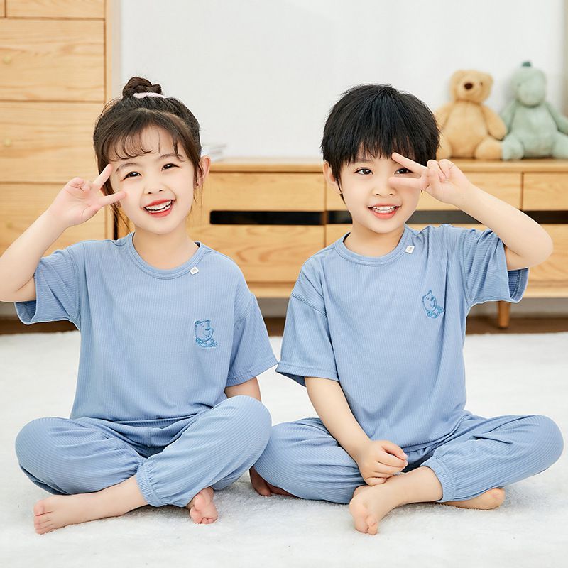 莫代爾透氣涼感短袖家居服套裝/空調服-熊熊-天空藍