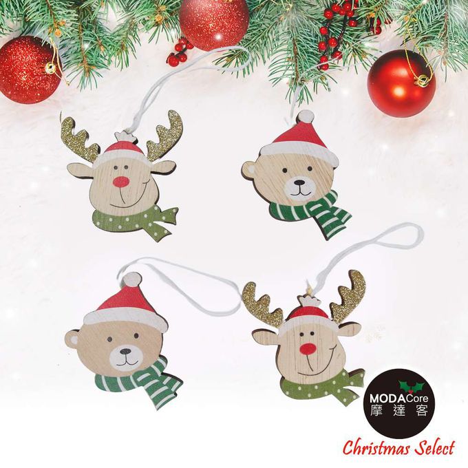 MODACore 摩達客 - 摩達客耶誕-質感聖誕帽木質彩繪(單面)吊飾-小熊+麋鹿混款16入(8入*2盒裝)