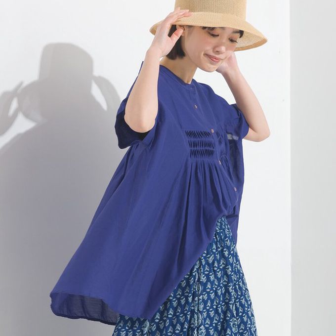 日本 OMNES - 100%印度棉 皺摺傘狀短袖襯衫-黑