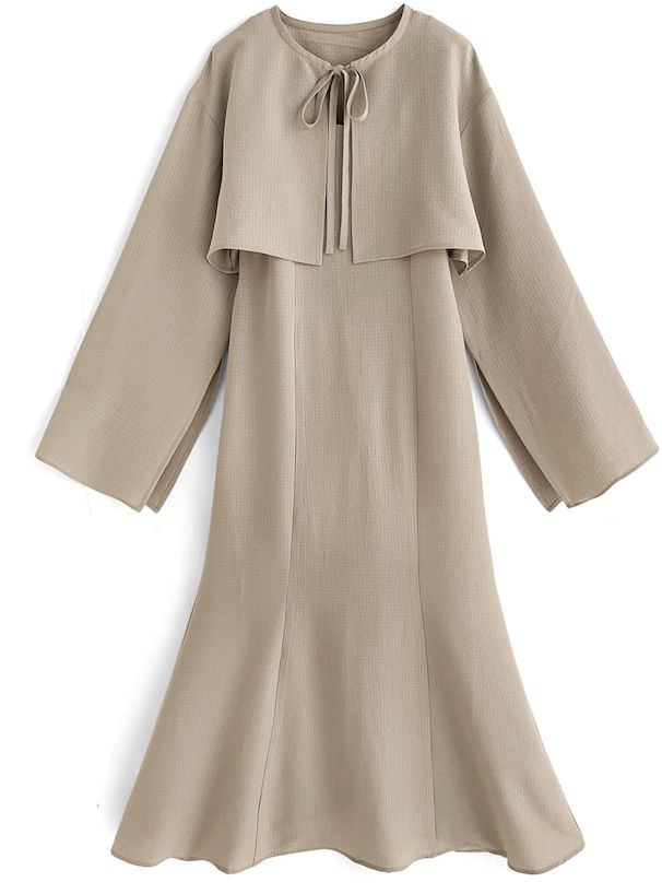 日本 GRL - 秘境之花綁帶開袖兩件式洋裝-淺卡其 (F)