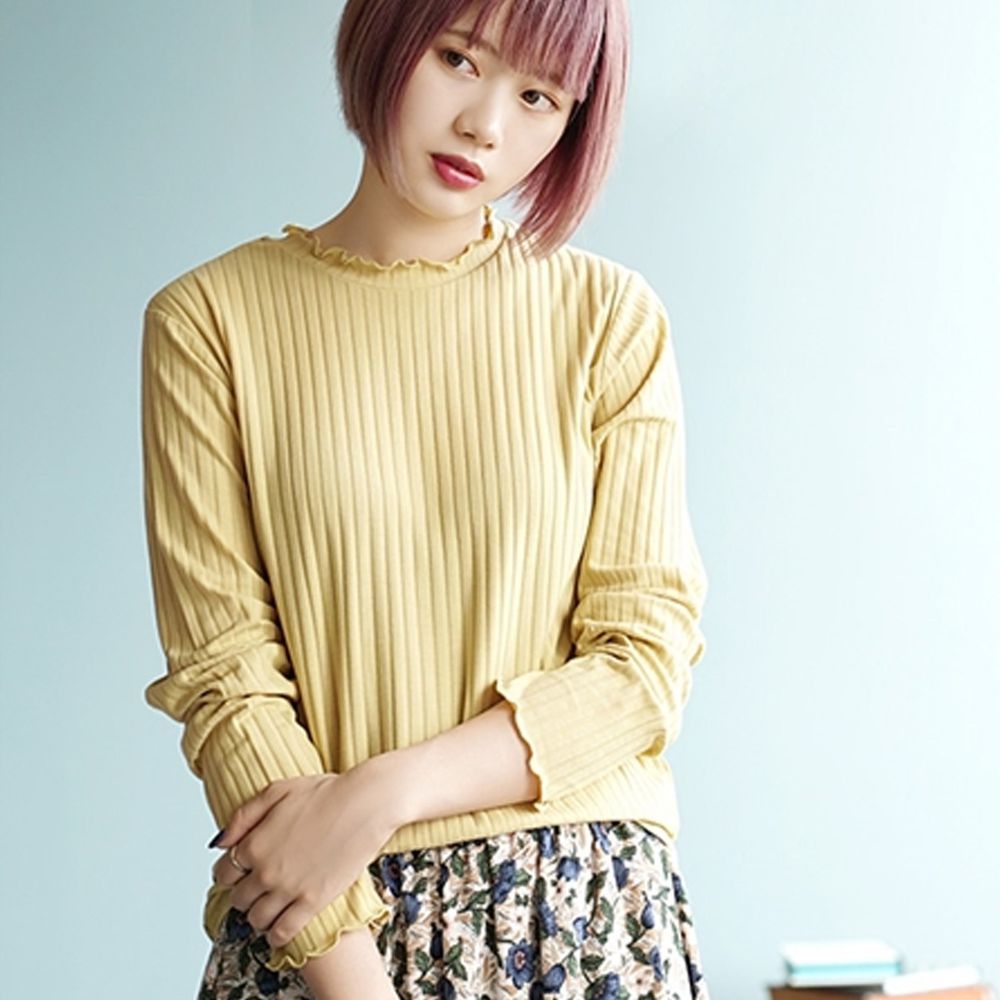 日本 zootie - 時尚木耳邊羅紋貼身上衣-奶油黃