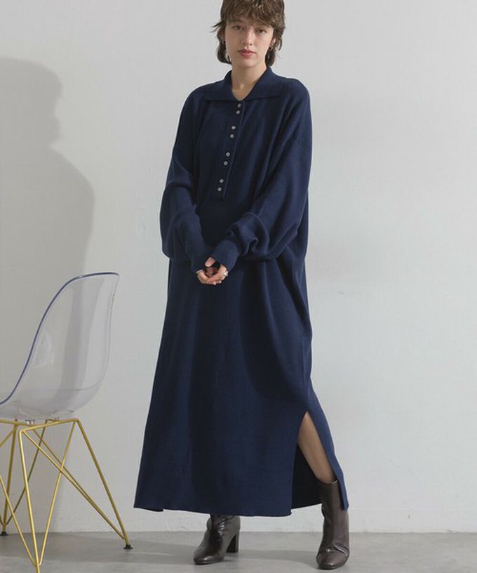 日本 Lupilien - 氣質排扣polo衫針織長袖洋裝-海軍藍