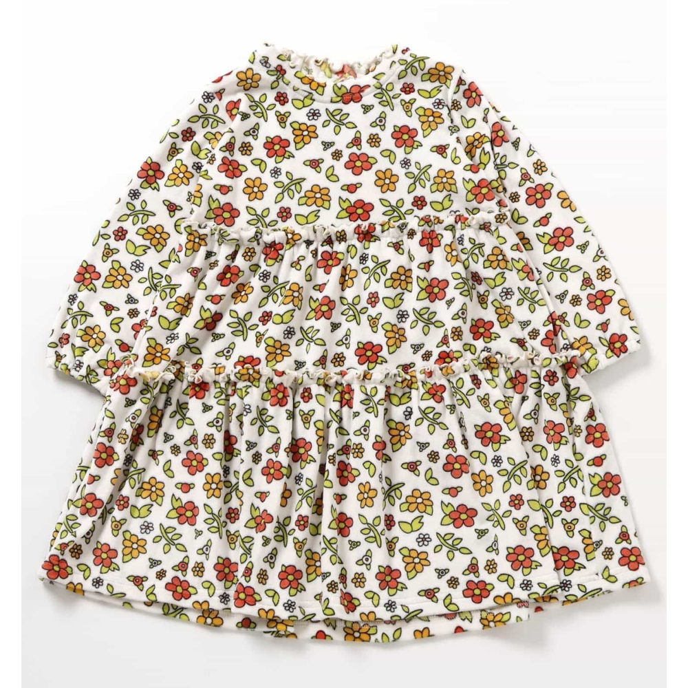 復古浪漫絨面木耳領長袖洋裝-繽紛小花-白