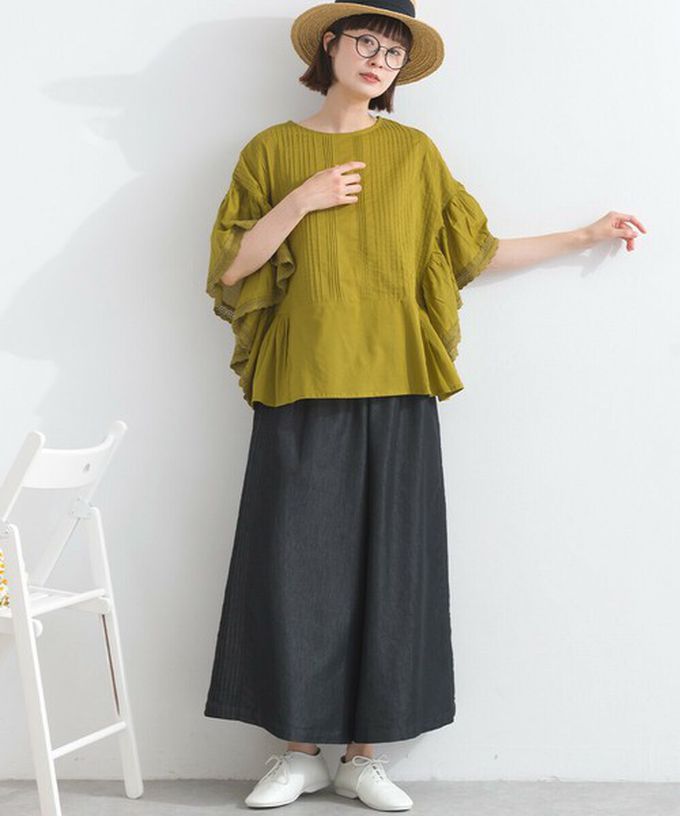 日本 Lupilien - 100%印度棉 細緻緹花大寬袖上衣-芥末黃