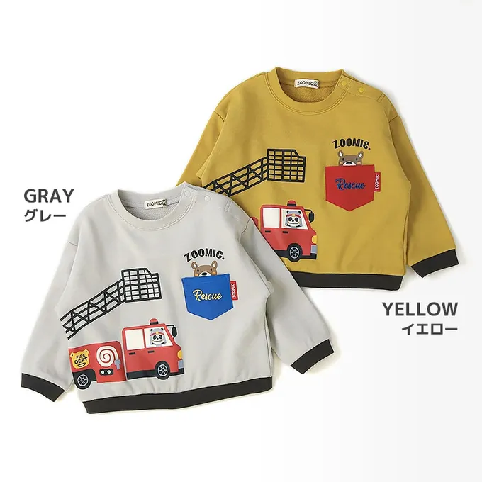 日本 ZOOLAND - 熊熊救援隊 消防車印花長袖上衣-芥黃