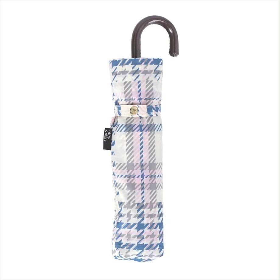 日本 nifty colors - 抗UV輕量 晴雨兩用J型手把折疊傘-格紋拼接-淺藍 (直徑90cm/171g)