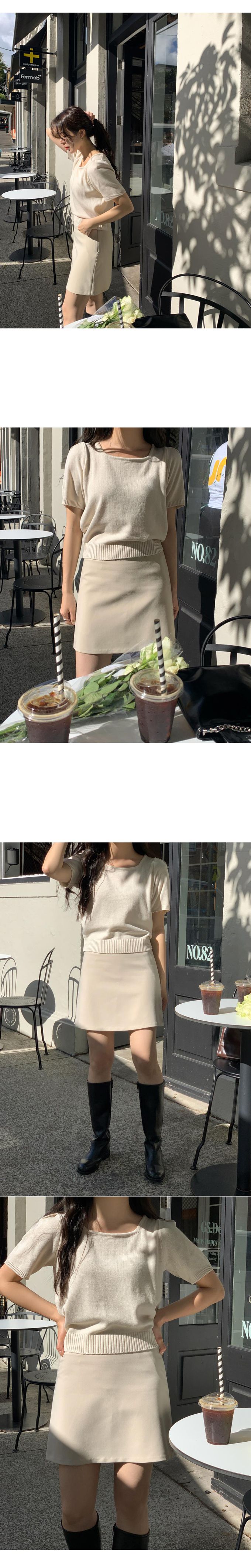 韓國 98doci - 氣質方領針織短袖上衣-奶白