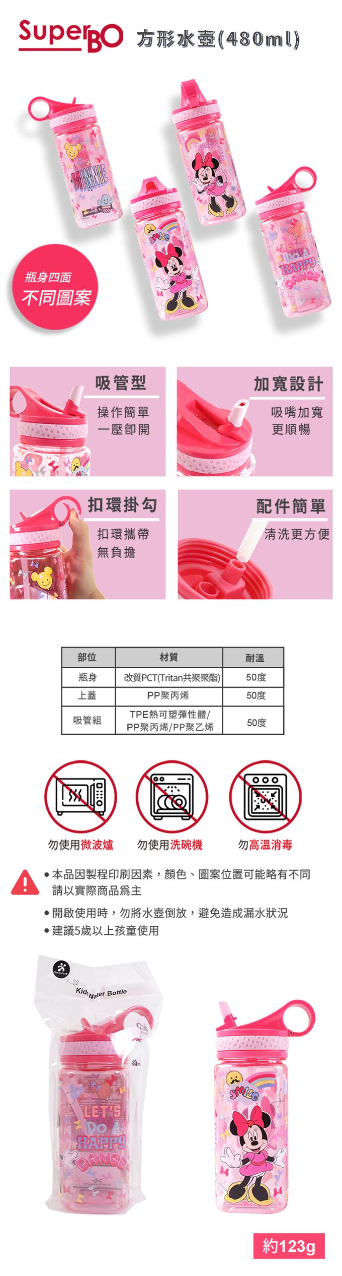 SuperBO - 兒童吸管方形水壺-米妮-480ml