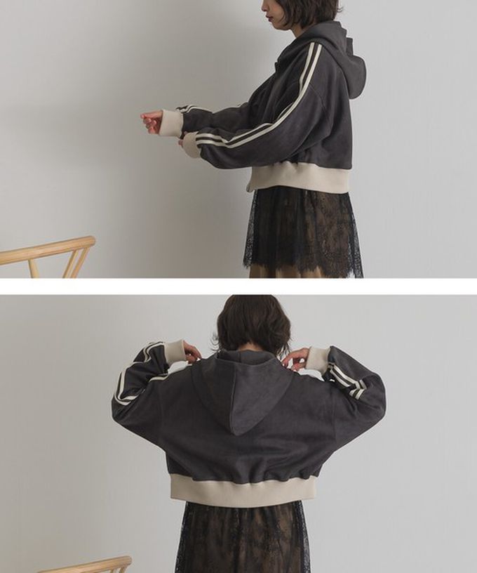 日本 ELENCARE DUE - 麂皮俐落雙拉鍊短版連帽外套-炭灰x米杏邊