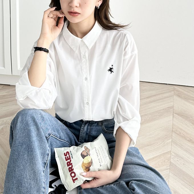 日本 Classical Elf - 前短後長知性寬版長袖襯衫-logo刺繡-藍白條紋