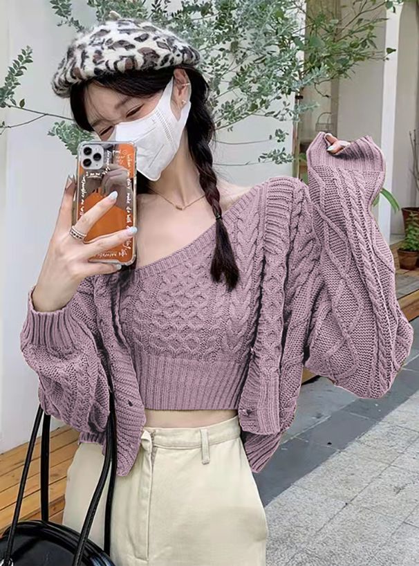 日本 GRL - 不對稱剪裁針織背心+短版外套兩件組-紫