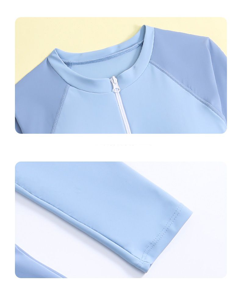 大童女孩運動風長袖連身裙泳衣-拼色款-藍色